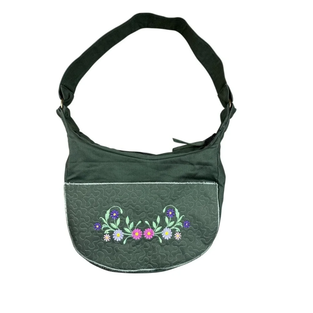 Handmade Artisan Canvas Hobo Bag Olive Green Quilted Floral Fiber Art‎ Slouchy